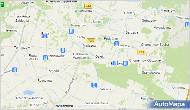 mapa Osiek gmina Kowala, Osiek gmina Kowala na mapie Targeo