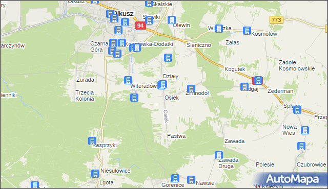 mapa Osiek gmina Olkusz, Osiek gmina Olkusz na mapie Targeo