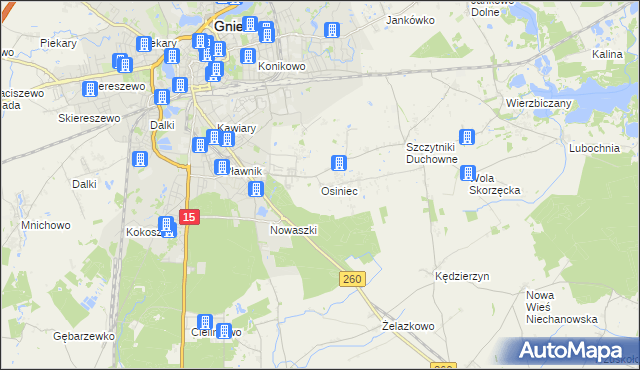 mapa Osiniec gmina Gniezno, Osiniec gmina Gniezno na mapie Targeo