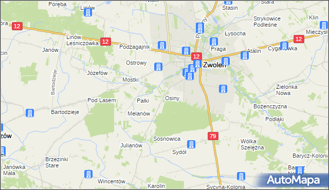 mapa Osiny gmina Zwoleń, Osiny gmina Zwoleń na mapie Targeo