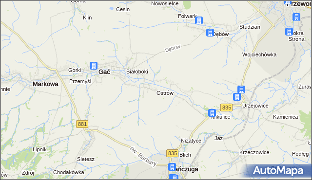 mapa Ostrów gmina Gać, Ostrów gmina Gać na mapie Targeo