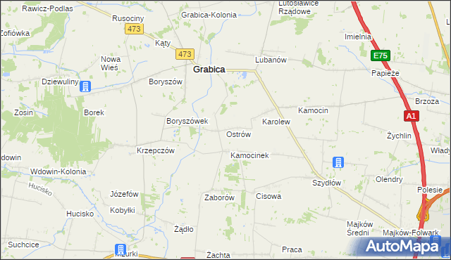 mapa Ostrów gmina Grabica, Ostrów gmina Grabica na mapie Targeo