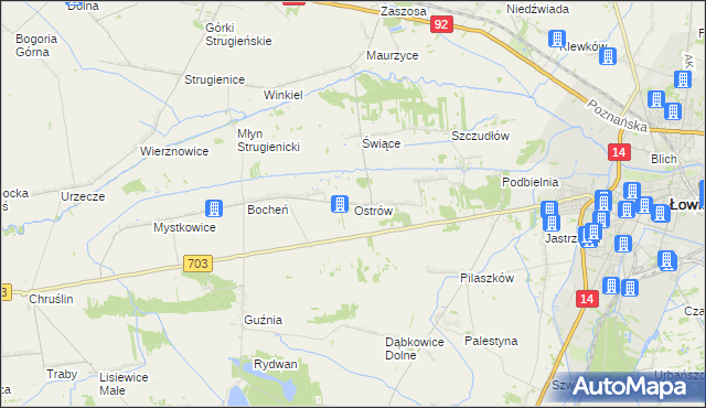 mapa Ostrów gmina Łowicz, Ostrów gmina Łowicz na mapie Targeo