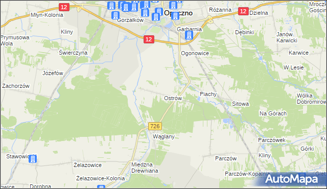 mapa Ostrów gmina Opoczno, Ostrów gmina Opoczno na mapie Targeo