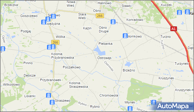 mapa Ostrowąs gmina Aleksandrów Kujawski, Ostrowąs gmina Aleksandrów Kujawski na mapie Targeo