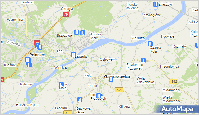 mapa Ostrówek gmina Gawłuszowice, Ostrówek gmina Gawłuszowice na mapie Targeo