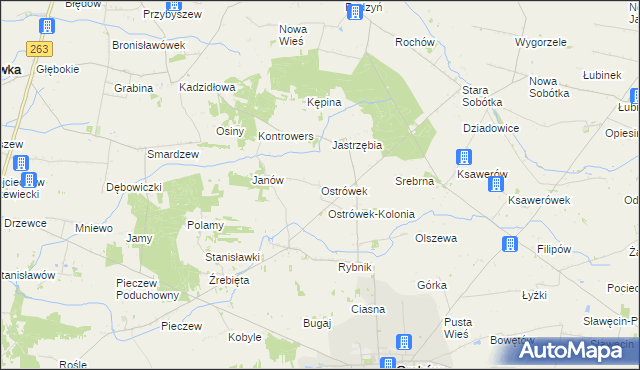 mapa Ostrówek gmina Grabów, Ostrówek gmina Grabów na mapie Targeo