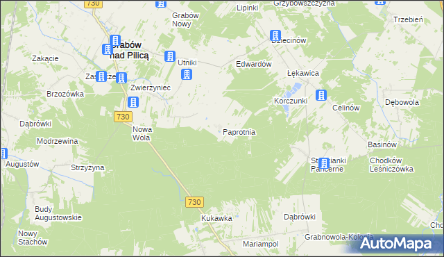 mapa Paprotnia gmina Grabów nad Pilicą, Paprotnia gmina Grabów nad Pilicą na mapie Targeo