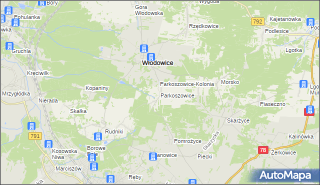 mapa Parkoszowice gmina Włodowice, Parkoszowice gmina Włodowice na mapie Targeo