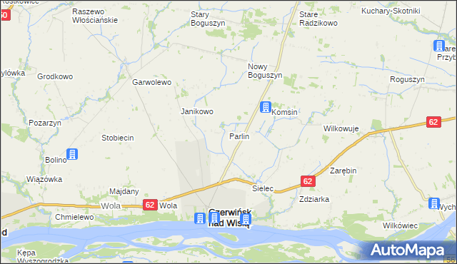 mapa Parlin gmina Czerwińsk nad Wisłą, Parlin gmina Czerwińsk nad Wisłą na mapie Targeo