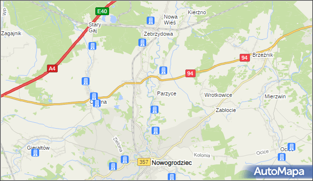 mapa Parzyce gmina Nowogrodziec, Parzyce gmina Nowogrodziec na mapie Targeo