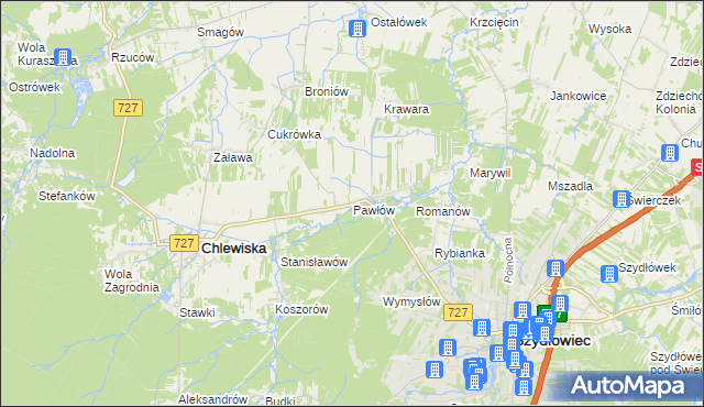 mapa Pawłów gmina Chlewiska, Pawłów gmina Chlewiska na mapie Targeo