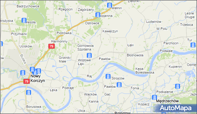 mapa Pawłów gmina Nowy Korczyn, Pawłów gmina Nowy Korczyn na mapie Targeo