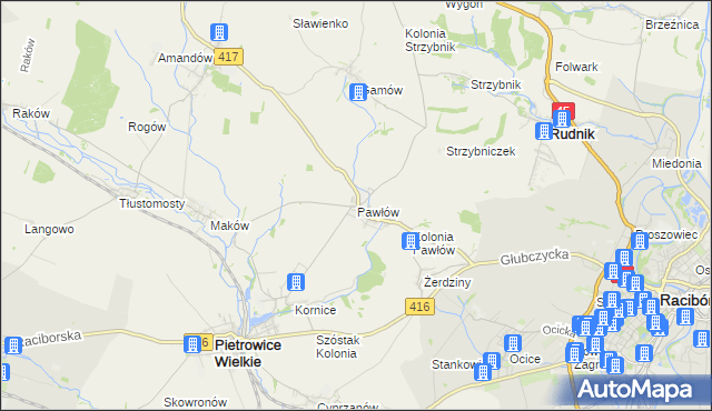 mapa Pawłów gmina Pietrowice Wielkie, Pawłów gmina Pietrowice Wielkie na mapie Targeo