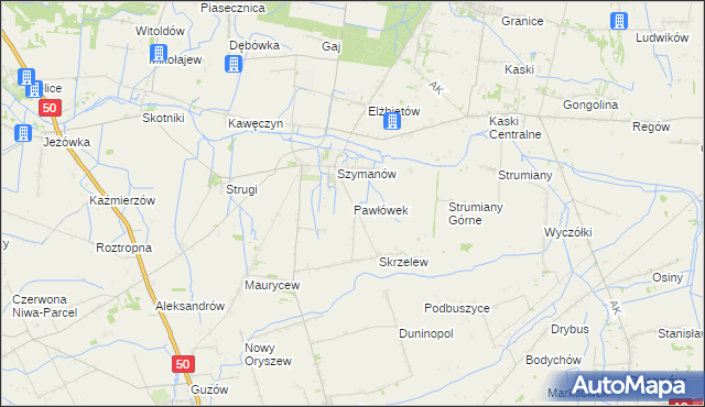 mapa Pawłówek gmina Teresin, Pawłówek gmina Teresin na mapie Targeo