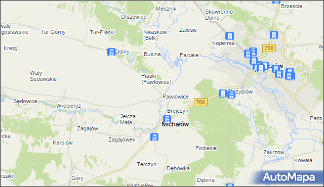 mapa Pawłowice gmina Michałów, Pawłowice gmina Michałów na mapie Targeo