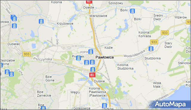 mapa Pawłowice powiat pszczyński, Pawłowice powiat pszczyński na mapie Targeo