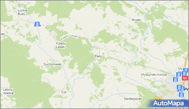 mapa Pełty gmina Myszyniec, Pełty gmina Myszyniec na mapie Targeo