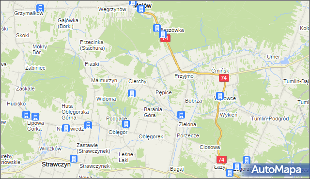 mapa Pępice gmina Mniów, Pępice gmina Mniów na mapie Targeo