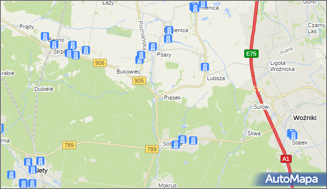 mapa Piasek gmina Woźniki, Piasek gmina Woźniki na mapie Targeo