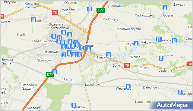 mapa Piaski gmina Jędrzejów, Piaski gmina Jędrzejów na mapie Targeo