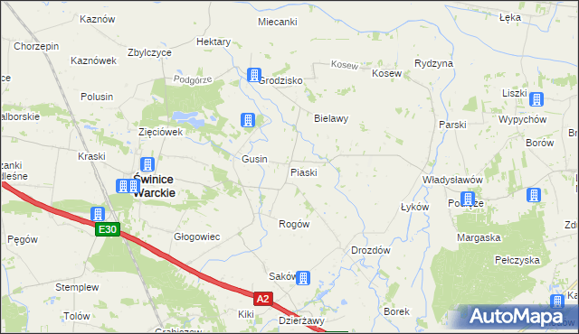 mapa Piaski gmina Świnice Warckie, Piaski gmina Świnice Warckie na mapie Targeo