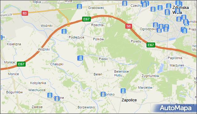 mapa Piaski gmina Zduńska Wola, Piaski gmina Zduńska Wola na mapie Targeo