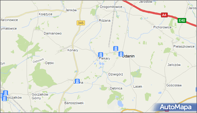 mapa Piekary gmina Udanin, Piekary gmina Udanin na mapie Targeo