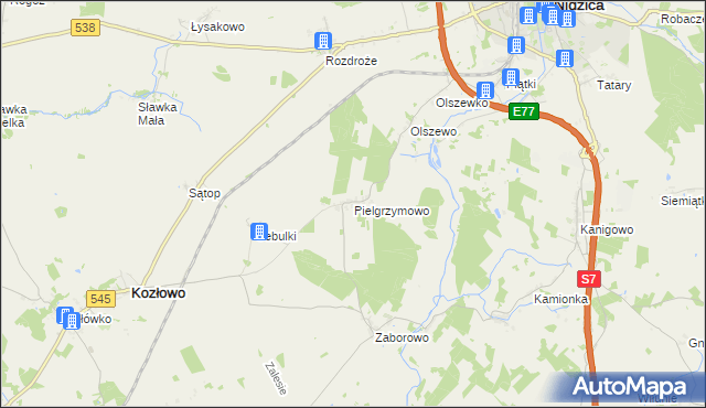 mapa Pielgrzymowo gmina Kozłowo, Pielgrzymowo gmina Kozłowo na mapie Targeo