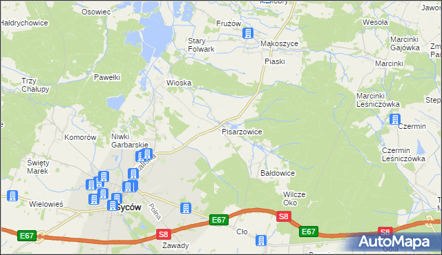 mapa Pisarzowice gmina Kobyla Góra, Pisarzowice gmina Kobyla Góra na mapie Targeo