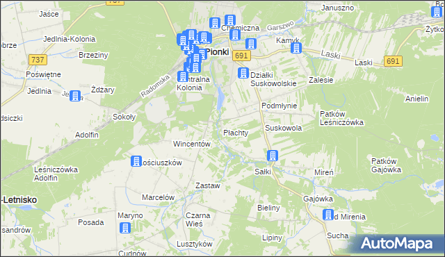 mapa Płachty gmina Pionki, Płachty gmina Pionki na mapie Targeo