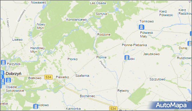 mapa Płonne gmina Radomin, Płonne gmina Radomin na mapie Targeo