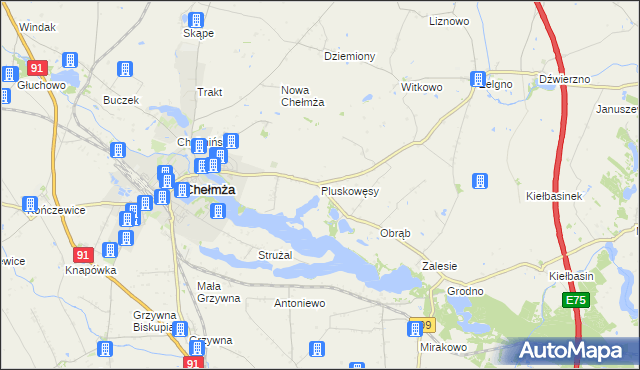 mapa Pluskowęsy gmina Chełmża, Pluskowęsy gmina Chełmża na mapie Targeo