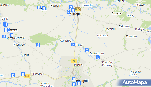 mapa Płusy gmina Księżpol, Płusy gmina Księżpol na mapie Targeo