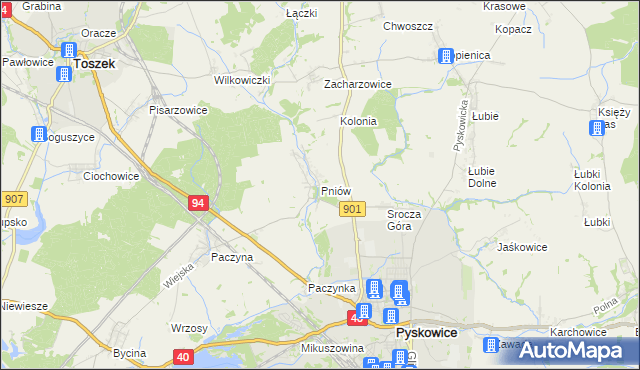 mapa Pniów gmina Toszek, Pniów gmina Toszek na mapie Targeo