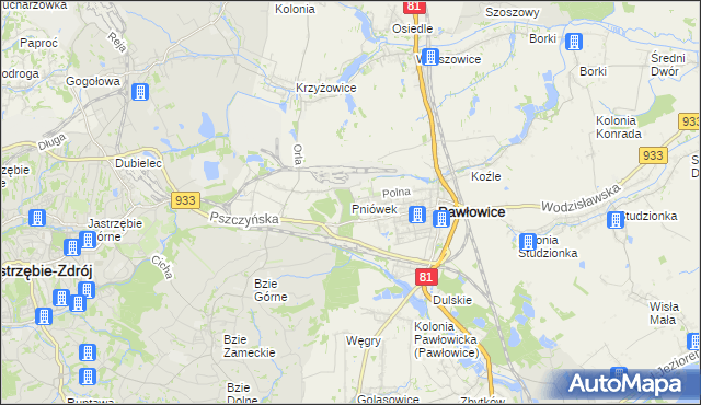 mapa Pniówek gmina Pawłowice, Pniówek gmina Pawłowice na mapie Targeo