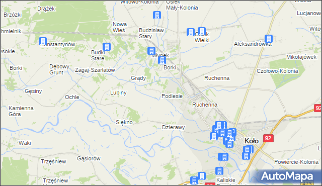 mapa Podlesie gmina Koło, Podlesie gmina Koło na mapie Targeo