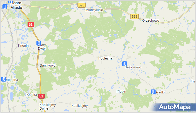 mapa Podleśna gmina Dobre Miasto, Podleśna gmina Dobre Miasto na mapie Targeo