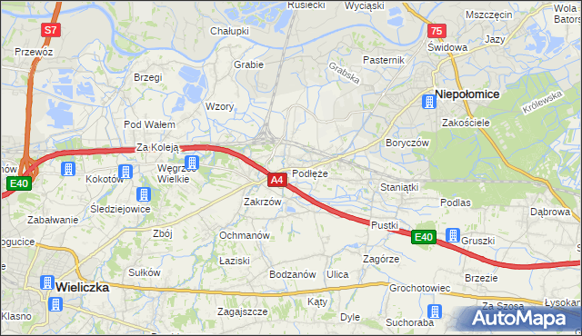 mapa Podłęże gmina Niepołomice, Podłęże gmina Niepołomice na mapie Targeo