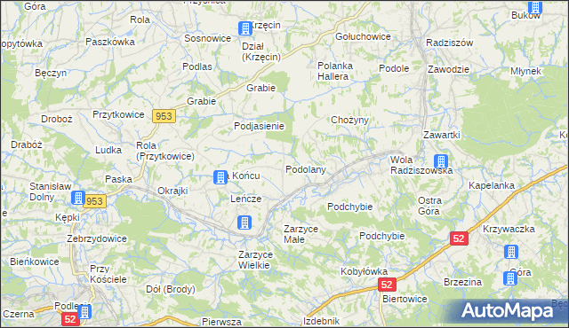 mapa Podolany gmina Kalwaria Zebrzydowska, Podolany gmina Kalwaria Zebrzydowska na mapie Targeo