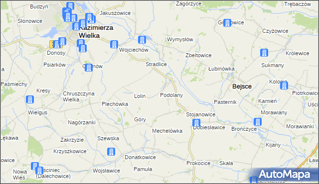 mapa Podolany gmina Kazimierza Wielka, Podolany gmina Kazimierza Wielka na mapie Targeo