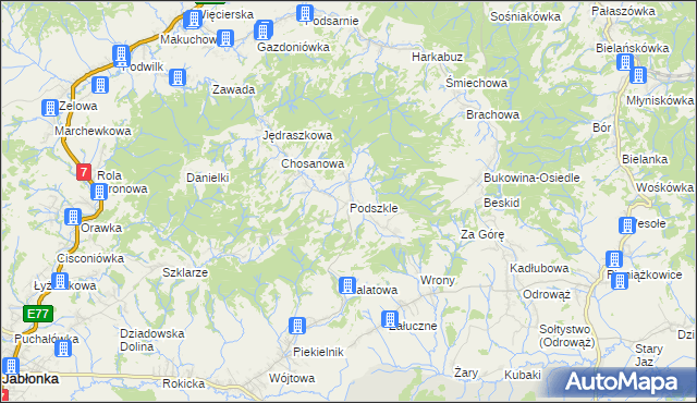 mapa Podszkle gmina Czarny Dunajec, Podszkle gmina Czarny Dunajec na mapie Targeo