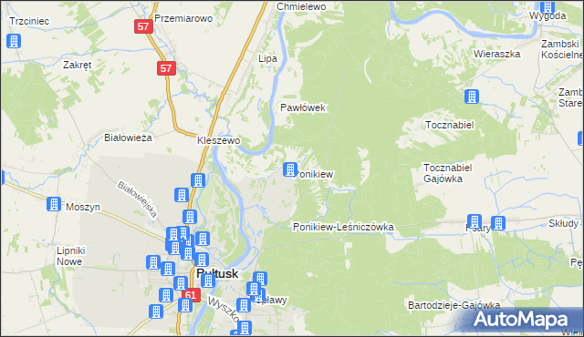 mapa Ponikiew gmina Pułtusk, Ponikiew gmina Pułtusk na mapie Targeo