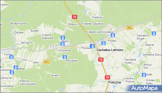 mapa Ponikwa gmina Garbatka-Letnisko, Ponikwa gmina Garbatka-Letnisko na mapie Targeo