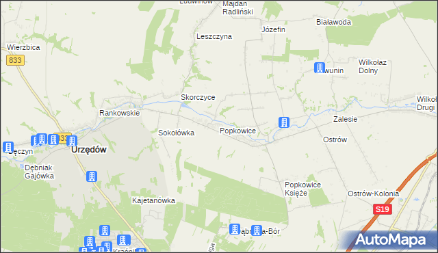 mapa Popkowice gmina Urzędów, Popkowice gmina Urzędów na mapie Targeo