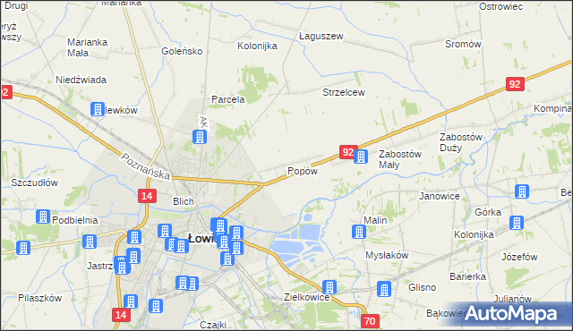 mapa Popów gmina Łowicz, Popów gmina Łowicz na mapie Targeo