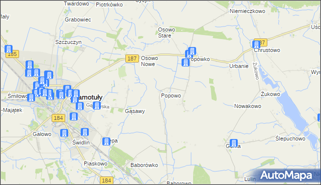 mapa Popowo gmina Oborniki, Popowo gmina Oborniki na mapie Targeo