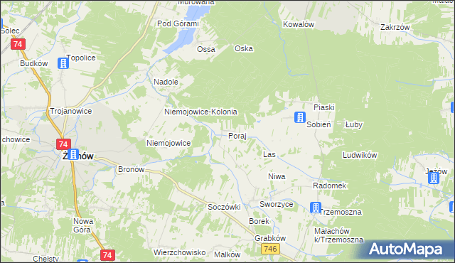 mapa Poraj gmina Końskie, Poraj gmina Końskie na mapie Targeo