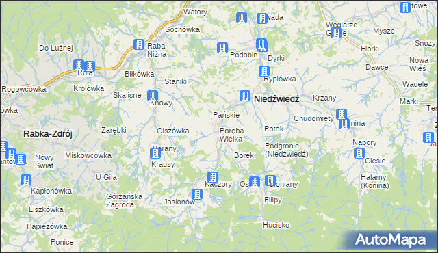 mapa Poręba Wielka gmina Niedźwiedź, Poręba Wielka gmina Niedźwiedź na mapie Targeo