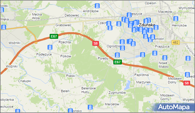 mapa Poręby gmina Zduńska Wola, Poręby gmina Zduńska Wola na mapie Targeo